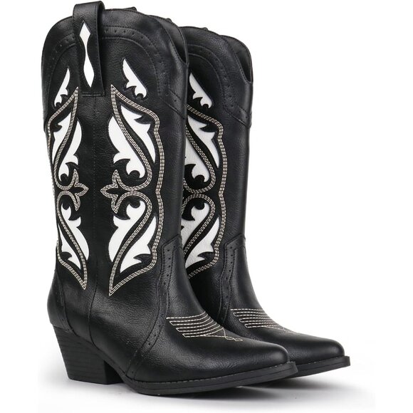 Hawkwell Women's Black Western Rodeo Cowgirl Chunky Block Heel Pull On Boot - Picture 5 of 6